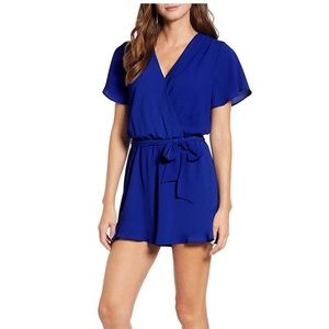 Blue romper waist tie pockets V-neck snap L